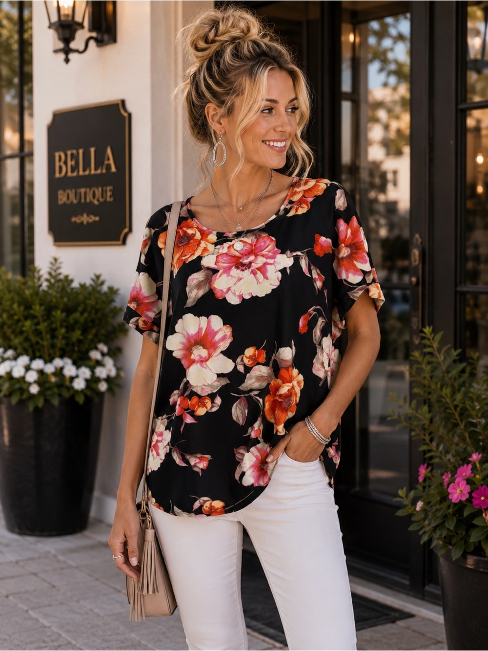 Tacera Floral Blouse L | Black Pink Orange Relaxed Top